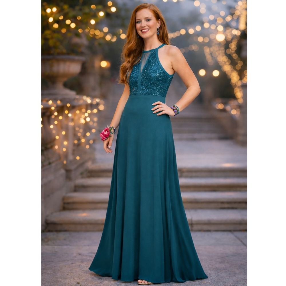 Nightway Teal Sequin Maxi Dress Mesh Neck Formal Prom Evening Gown 10 Y2K Vibes